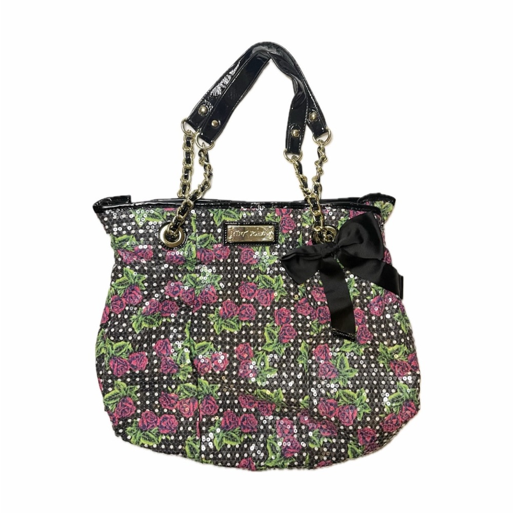 Betsey Johnson Black and Pink Floral Shoulder Bag